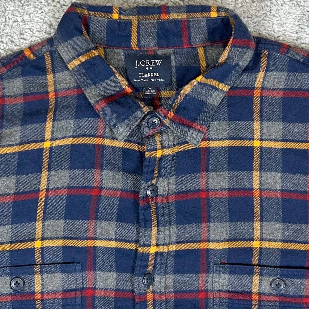 J.Crew Mens XL Flannel Shirt Navy Blue Grey Yellow Plaid Long Sleeve Cotton